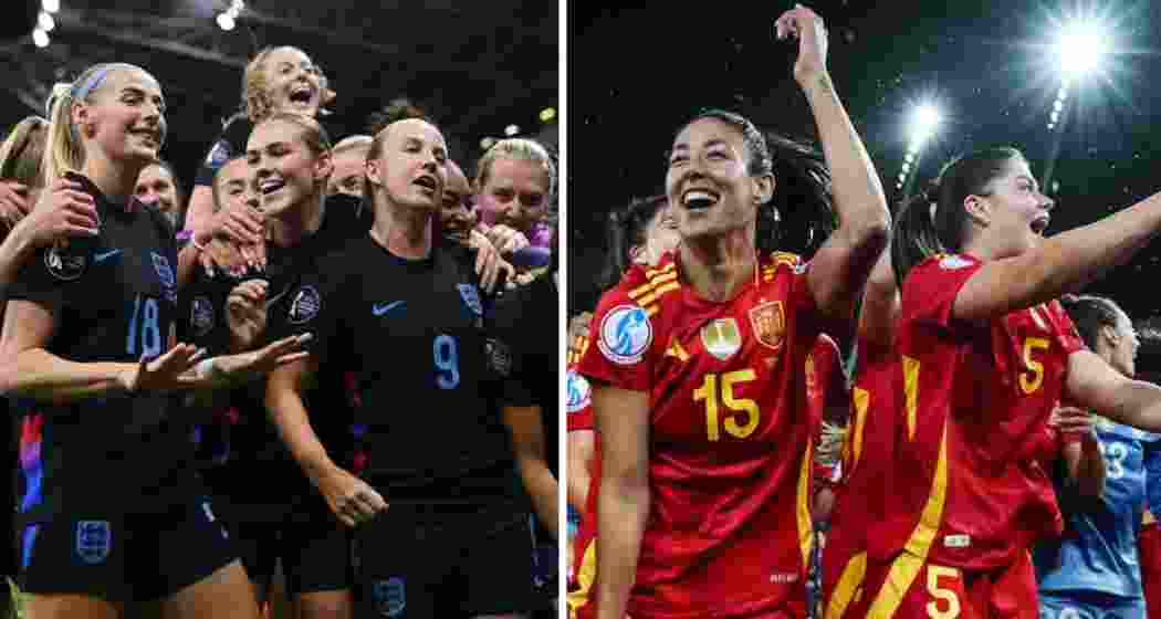 (Left) Chloe Kelly celebrates after netting the winner in England’s dramatic semi-final win over Italy. (Right) Spain players rejoice following their hard-fought victory against Germany.
