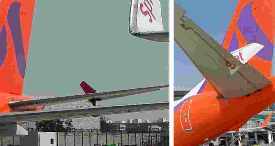 Damaged portions of the Akasa Air and SpiceJet aircraft after they came in contact on a taxiway at Delhi’s IGI Airport on Thursday.