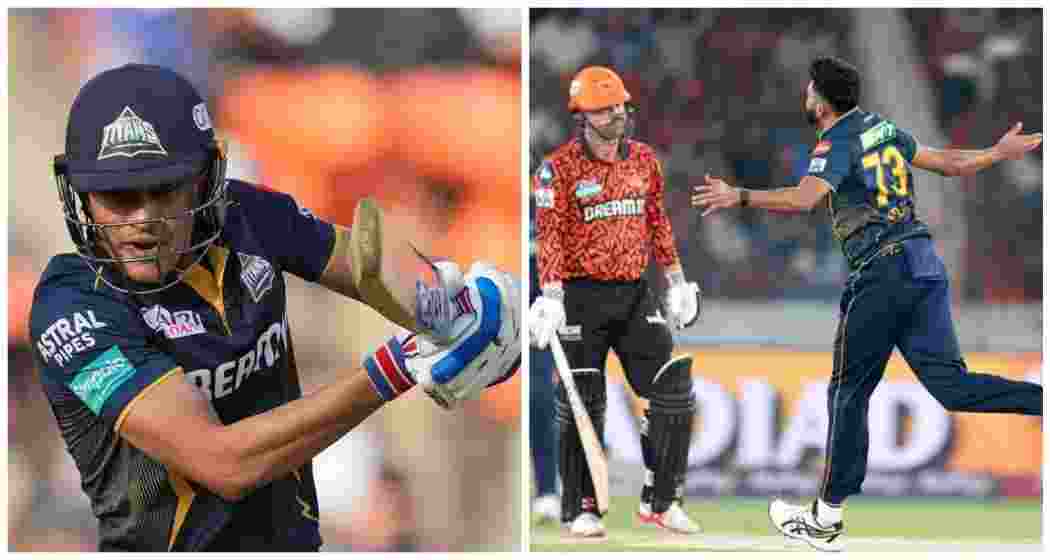 Shubman Gill in action (left) and Mohammed Siraj celebrates after taking a wicket during Gujarat Titans' IPL match against Sunrisers Hyderabad at the Rajiv Gandhi Stadium, Hyderabad, on April 6.