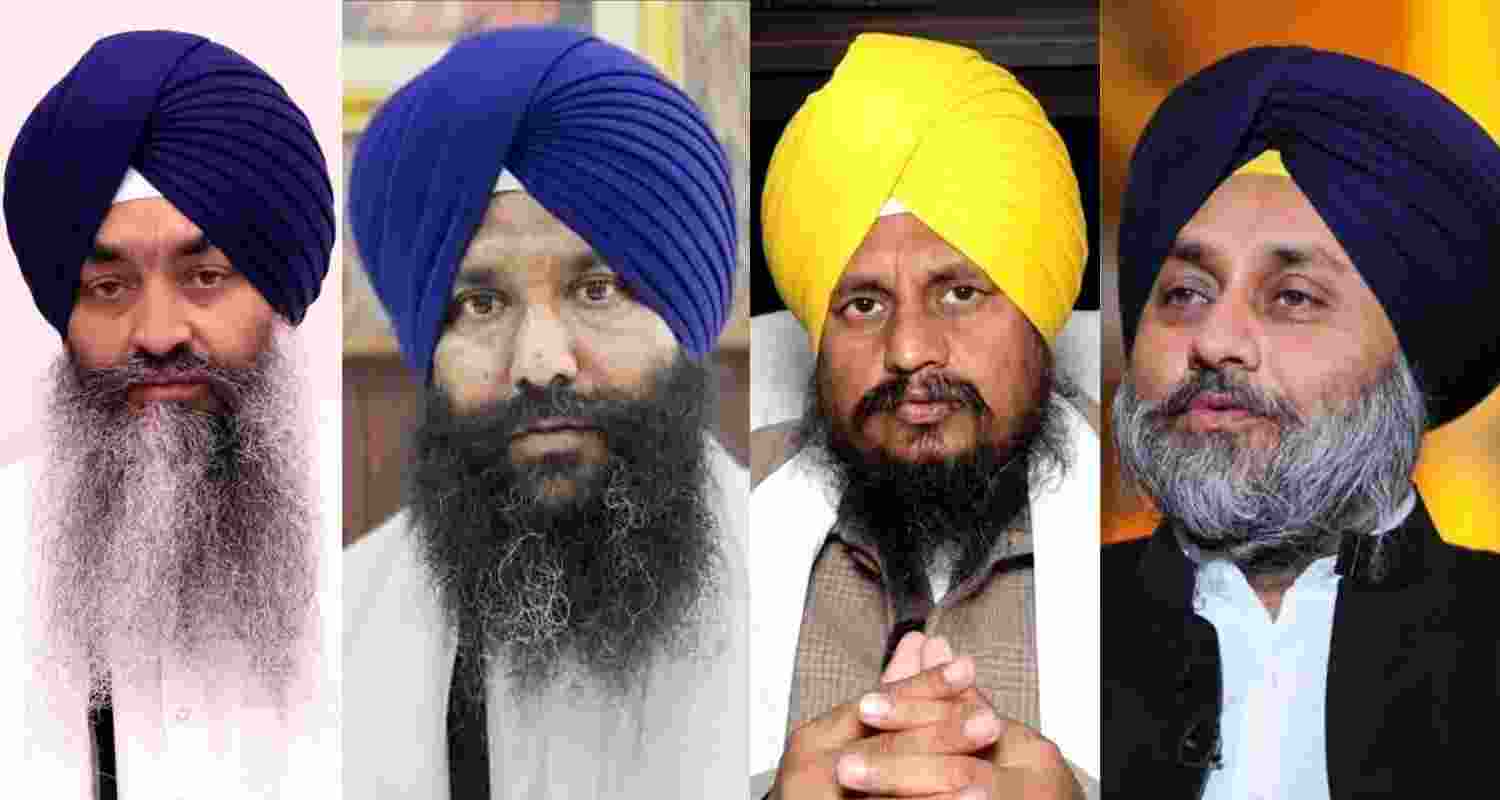 (Left to right) Former Akal Takht Jathedar Giani Raghbir Singh, former Takht Kesgarh Sahib Jatehdar Giani Sultan Singh, former Jathedar of Takht Damdama Sahib, Giani Harpreet Singh and senior SAD leader Sukhbir Singh Badal.