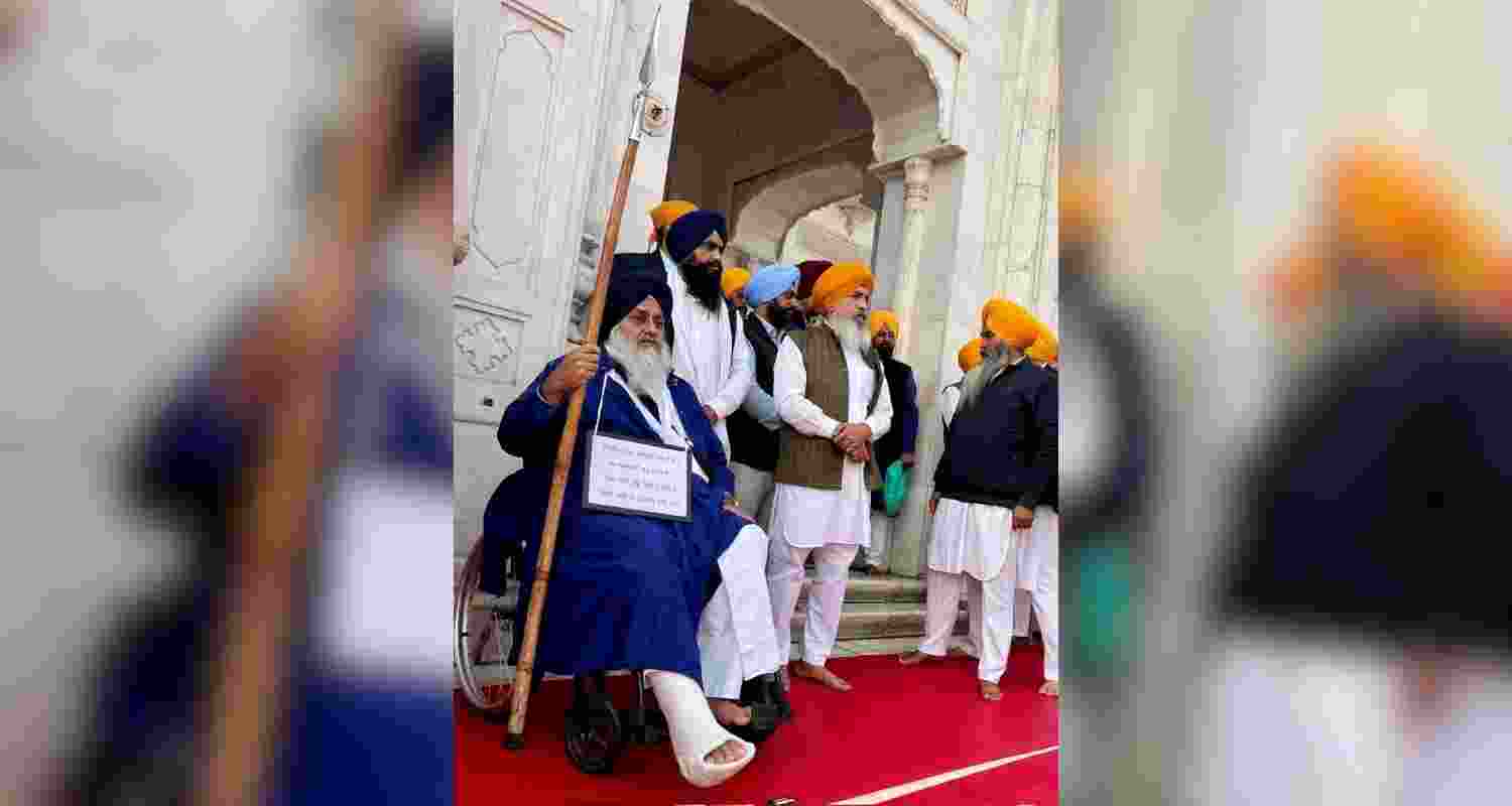 Former Shiromani Akali Dal supremo Sukhbir badal serves punishment as a sewadar outside the Golden Temple, in Amritsar.