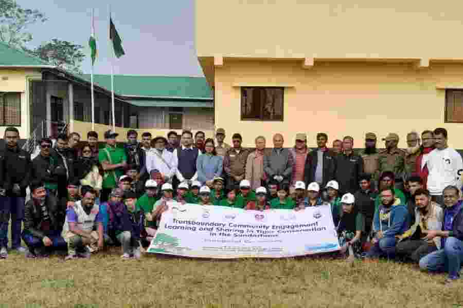 Participants from both countries at the tiger conservation programme in Bagerhat district in Bangladesh in February.