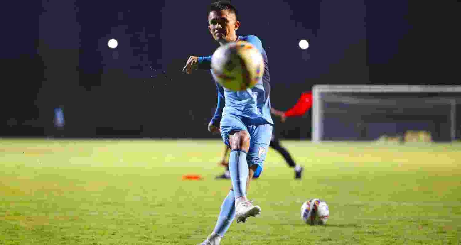 Former Indian skipper Sunil Chhetri during a practice session.