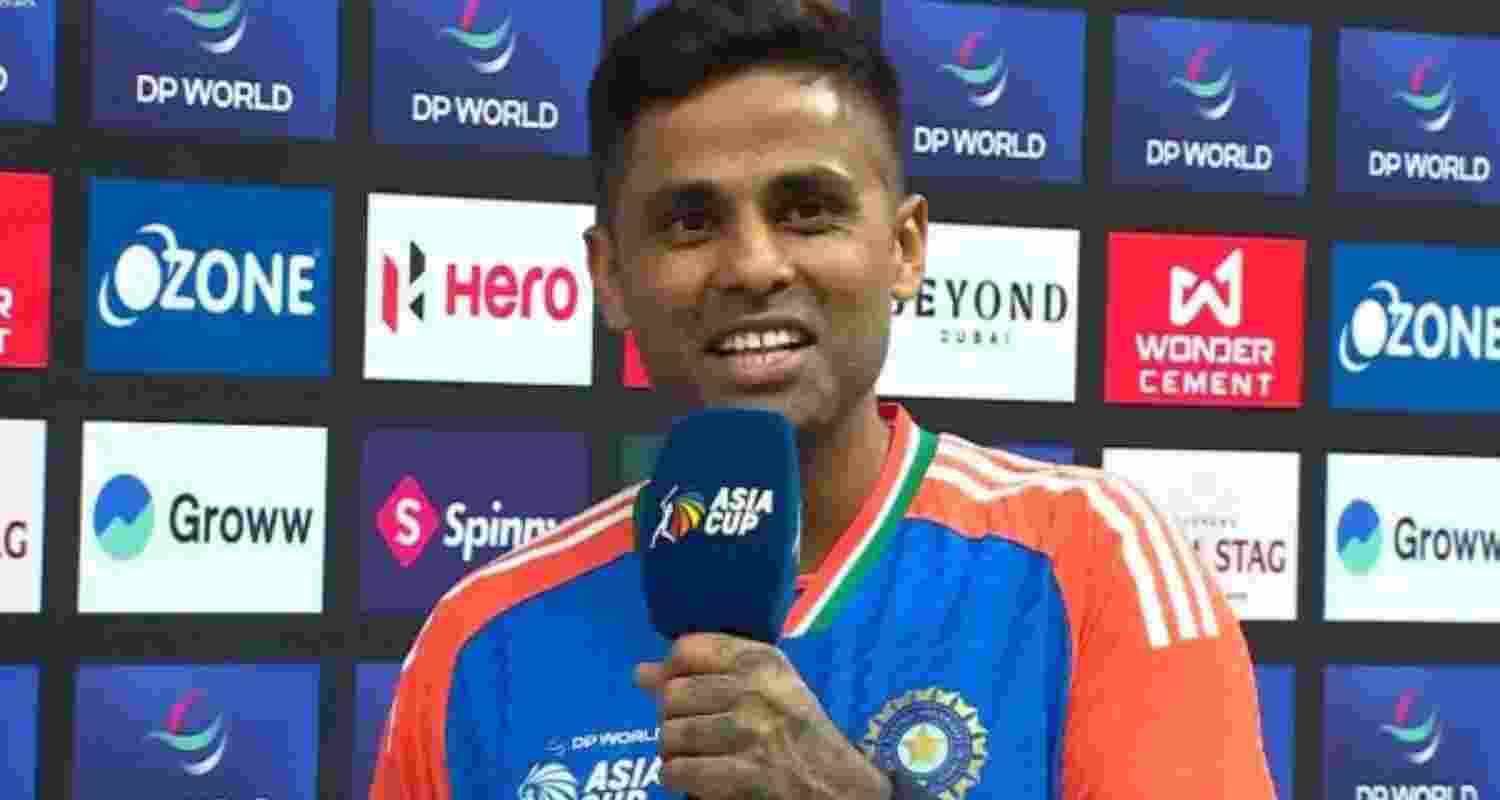 India's captain Suryakumar Yadav plays a shot during the Asia Cup cricket match between India and Pakistan at Dubai International Cricket Stadium in Dubai, United Arab Emirates, Sunday.