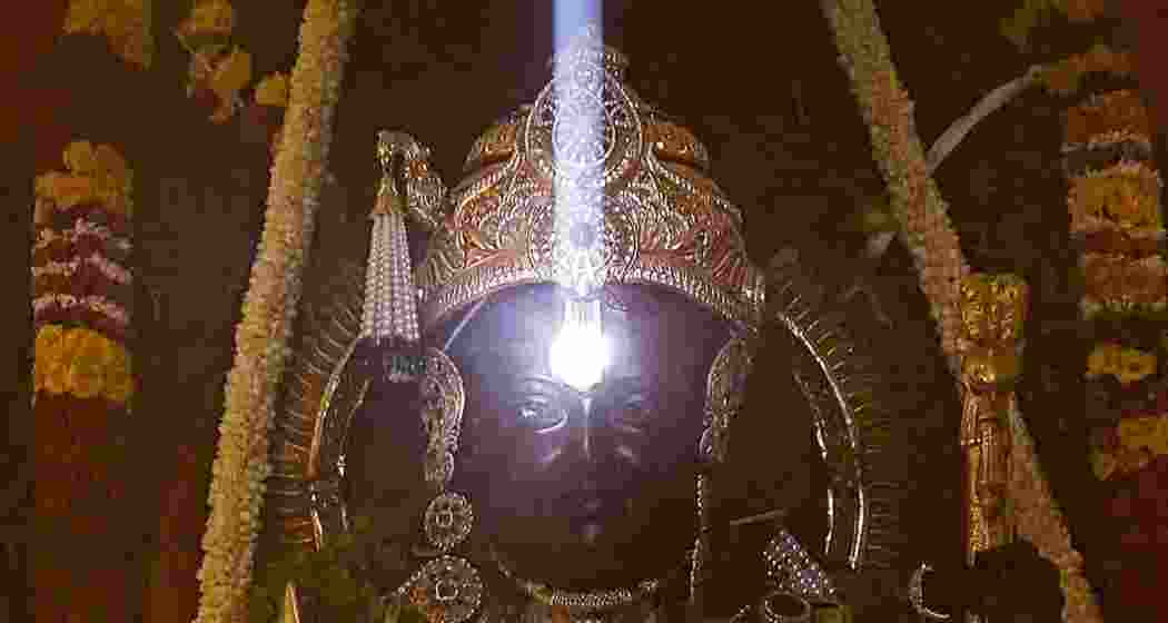 The 'Surya Tilak' ceremony underway at Ayodhya's Ram Janmabhoomi Temple, where sunlight illuminates the forehead of the Ram Lalla idol during Ram Navami celebrations.​