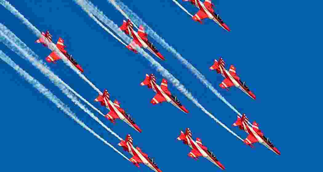 The Surya Kiran Aerobatic Team of the Indian Air Force in action.