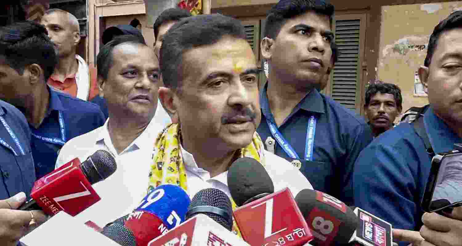 BJP candidate for Nandigram and Bhabanipur constituencies Suvendu Adhikari speaks to the media as he visits Sunder Di Gari to offer prayers during the second and final phase of the West Bengal Assembly elections, at Khidirpur, in Kolkata, Wednesday, April 29, 2026.