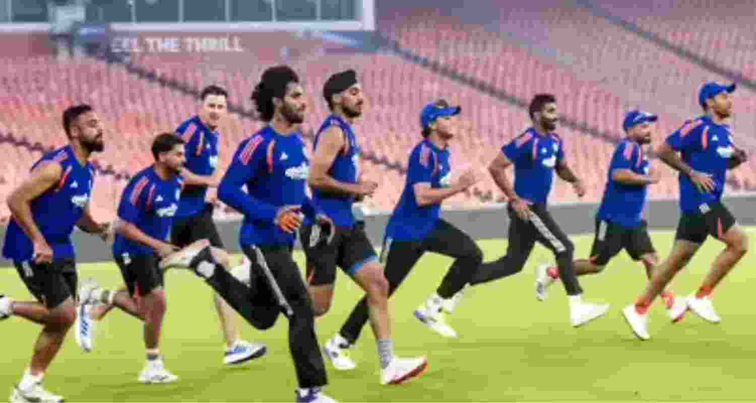 Indian players during a practice session ahead of their first Super 8s match of the T20 World Cup, in Ahmedabad on Saturday.
