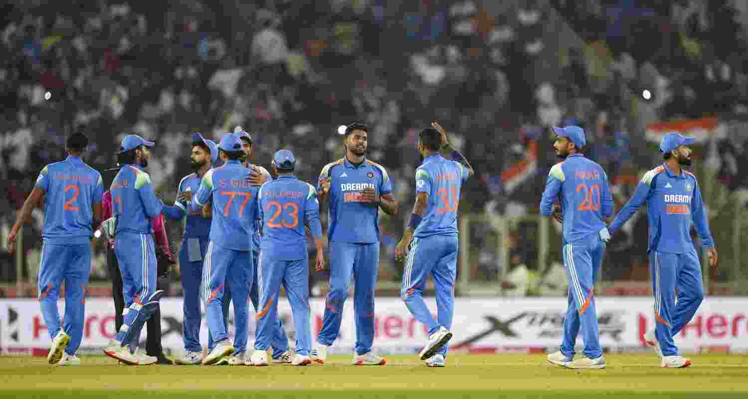 Indian players celebrate victory against England in the ODI played at the Narendra Modi Stadium, Ahmedabad, Gujarat.