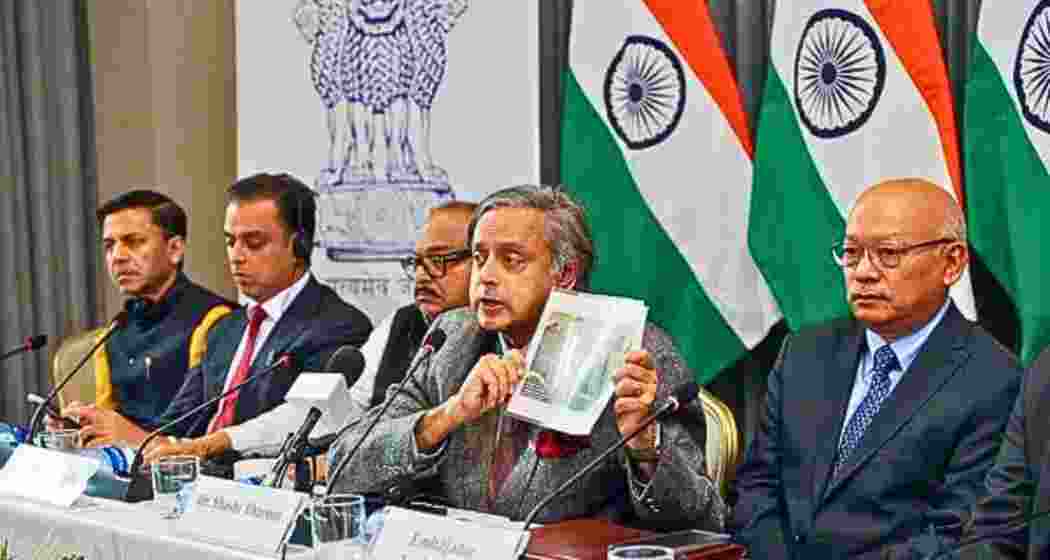 All-party delegation leader Congress MP Shashi Tharoor addresses the media, in Bogota on Thursday. The delegation members Bharatiya Janata Party (BJP) MPs Shashank Mani Tripathi, Bhubaneswar Kalita, Tejasvi Surya, Telugu Desam Party MP Ganti Harish Madhur, JMM MP Sarfaraz Ahmad, Shiv Sena MP Milind Deora and former Indian Ambassador to the US Taranjit Singh Sandhu are also present. (Image: India in Colombia X)