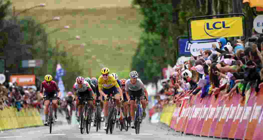 A file photo of cyclists race through challenging terrain during the Tour de France.