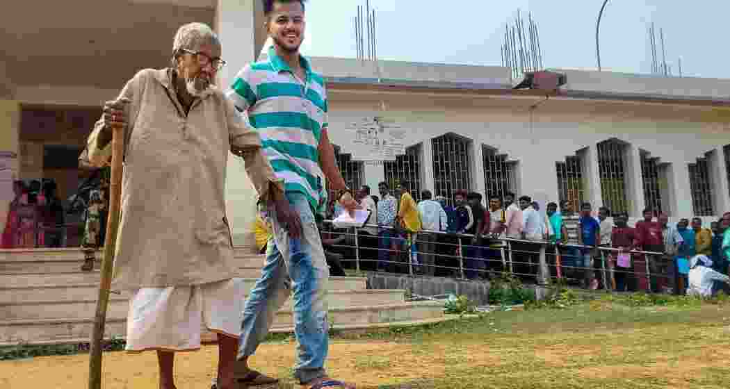 An elderly voter at a polling booth in Agartala to cast his vote during the Tripura Assembly elections.