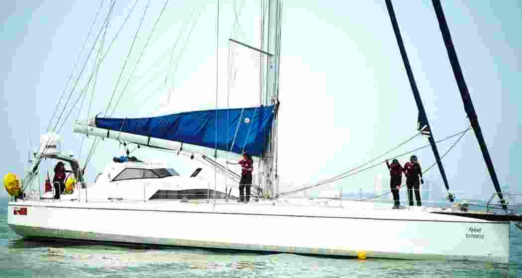 Members of the Indian armed forces’ first all-woman tri-services sailing team return to Mumbai after completing a landmark 1,800-nautical-mile voyage to Seychelles aboard the yacht Triveni.