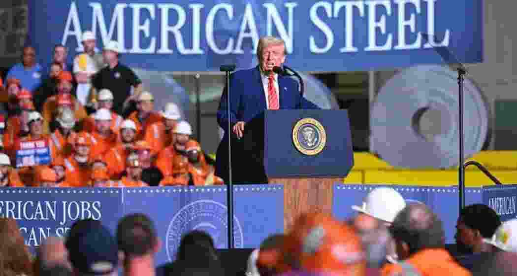 US President Donald Trump addresses steelworkers at US Steel’s Mon Valley Works, Pennsylvania, announcing plans to raise tariffs on steel and aluminium imports to 50 per cent starting Wednesday. 