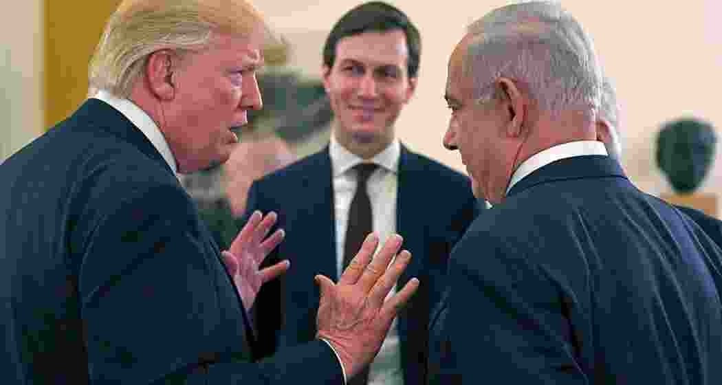 President Trump (L) and Jared Kushner (C) meet with Israel Prime Minister Benjamin Netanyahu (R) in Israel.