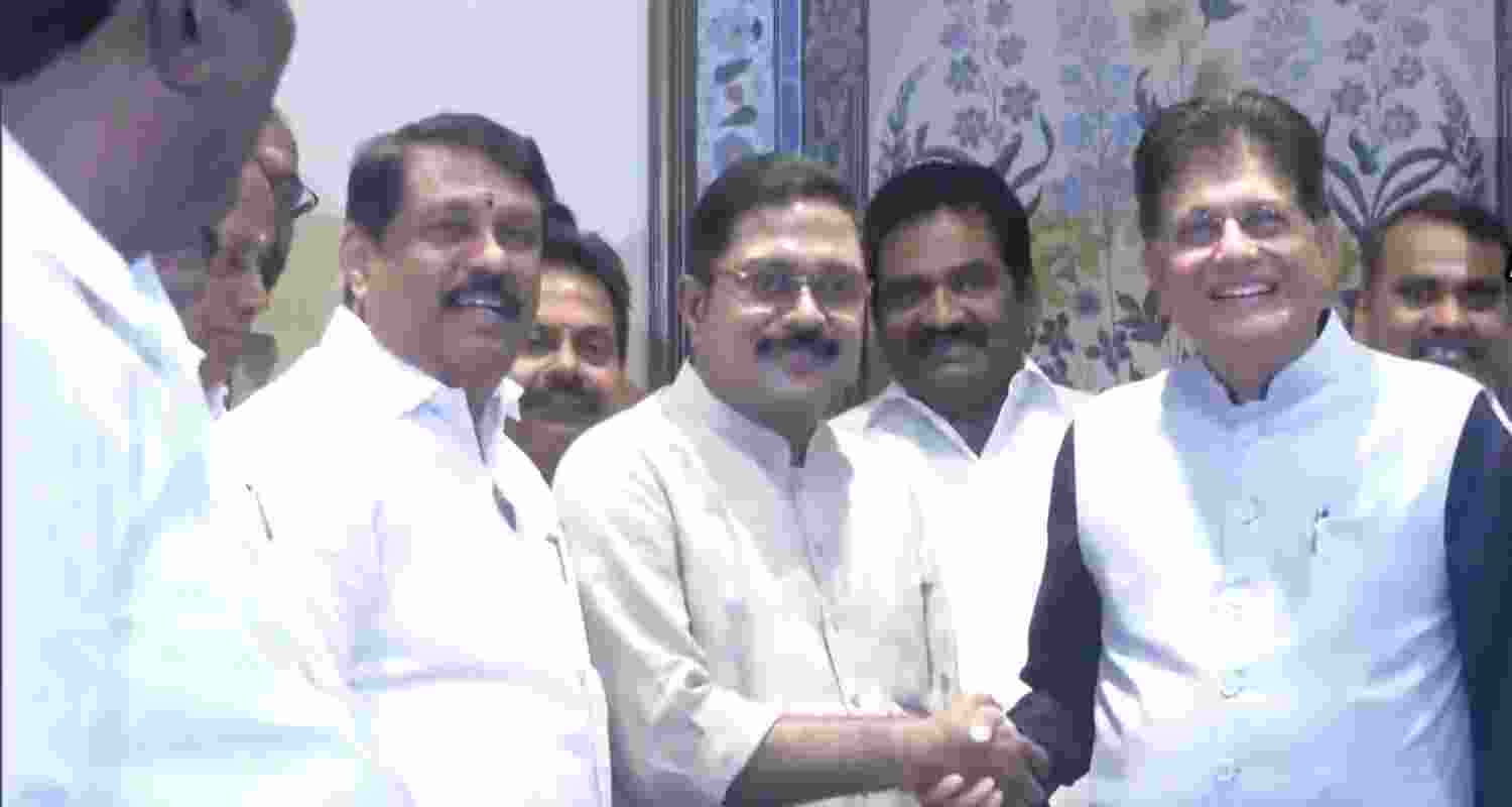 After joining the NDA in Tamil Nadu, AMMK Party General Secretary TTV Dhinakaran meets the BJP election in-charge for the state, Piyush Goyal.