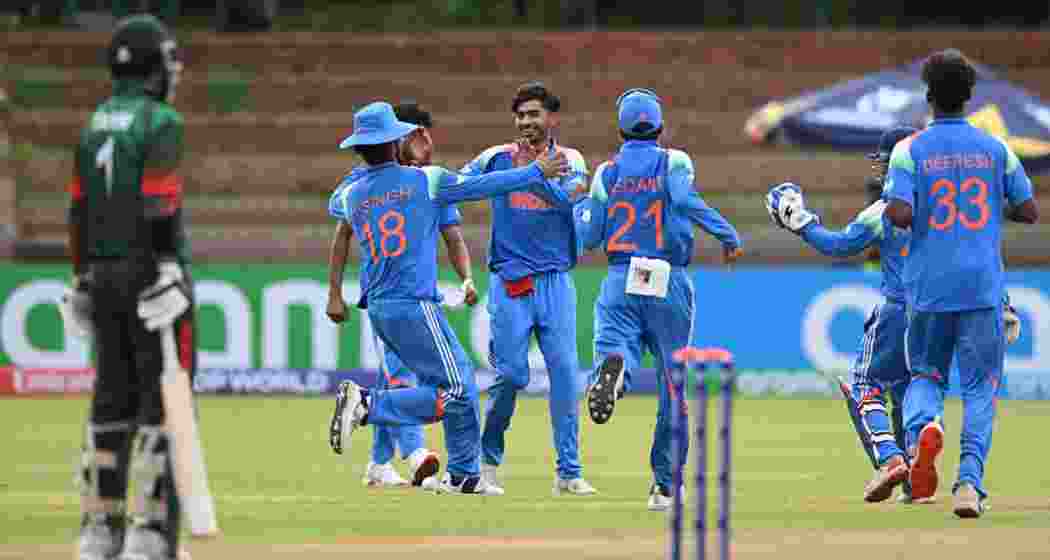 Indian players celebrate a wicket during their match against Bangladesh on Saturday.