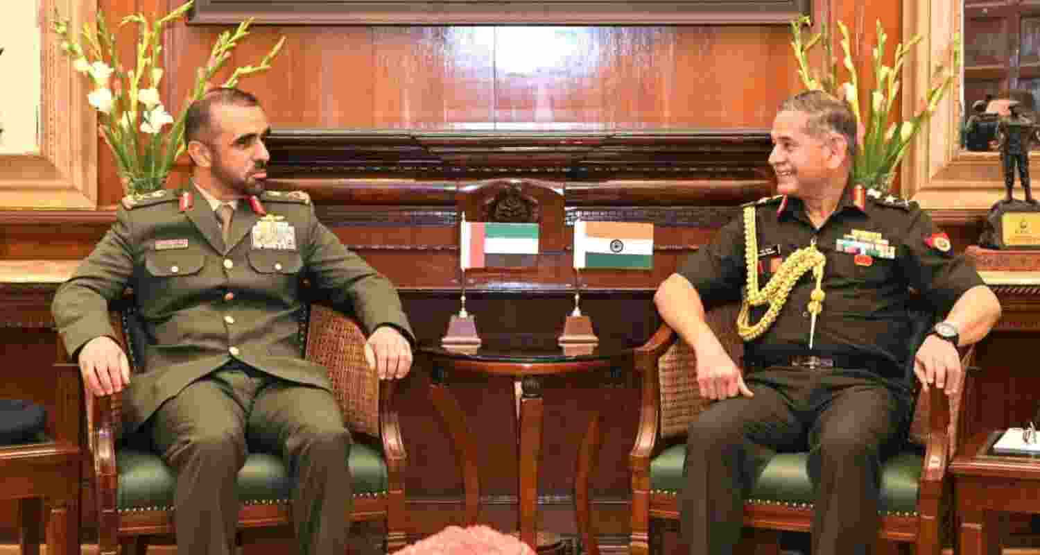 UAE Land Forces Commander Maj Gen Yousef Al Hallami meets COAS General Upendra Dwivedi on Monday. 