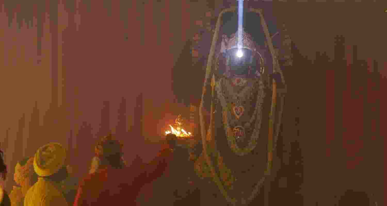 The Ayodhya 'Ram Lalla' gets illuminated by the Sun on 'Ram Navami'. Image X.