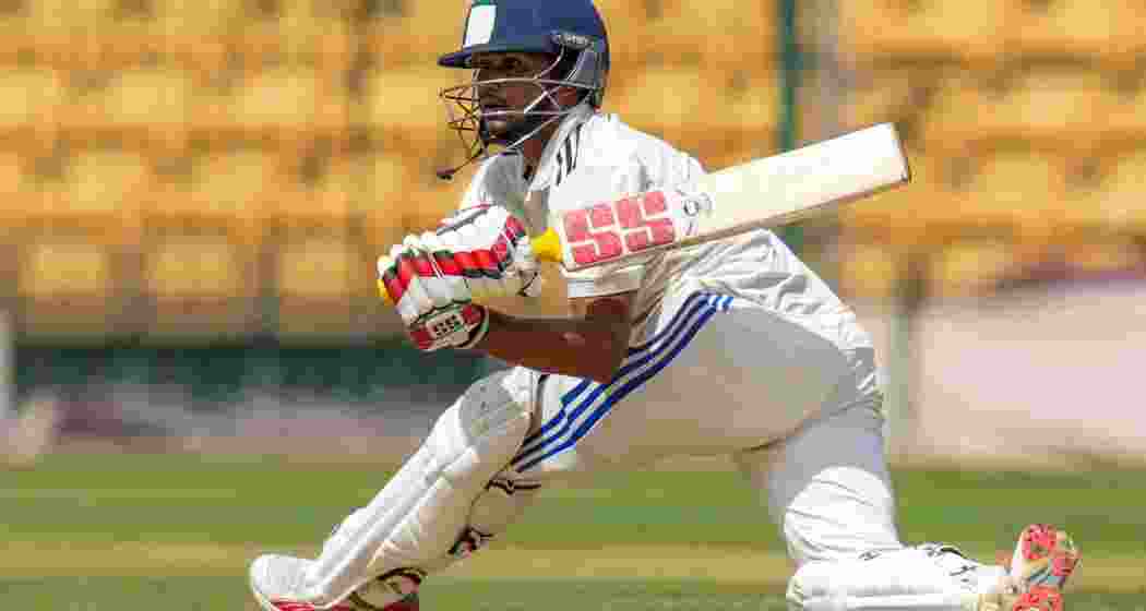 India B team player Musheer Khan plays a shot on the first day of Duleep Trophy match between India A and India B, at Chinnaswamy Stadium in Bengaluru, Thursday, Sept. 5, 2024.