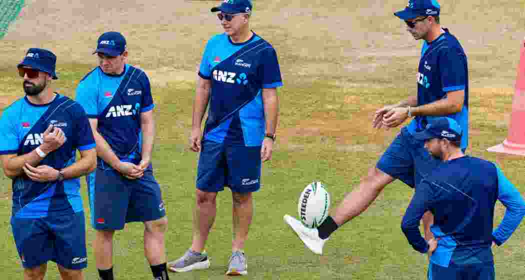 New Zealand coach and players during a practice session before the start of the second day of a one-off Test match between Afghanistan and New Zealand, in Greater Noida, Tuesday, Sept 10, 2024. The first day of the test was washed out.