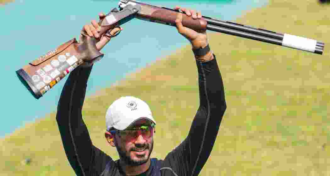 India's Anantjeet Singh Naruka celebrates after winning the bronze medal in the Skeet men's final, at the ISSF World Cup, in New Delhi, Thursday, Oct. 17, 2024.