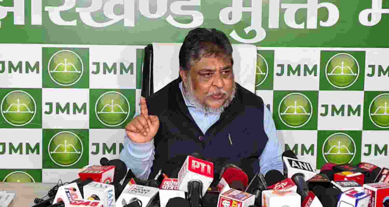 JMM General Secretary cum Spokesperson Supriyo Bhattacharya addressing media persons in a press conference in Ranchi on Saturday.
