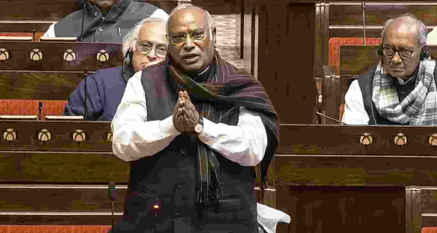 BJP MPs protest against Kharge's statement in Upper House.