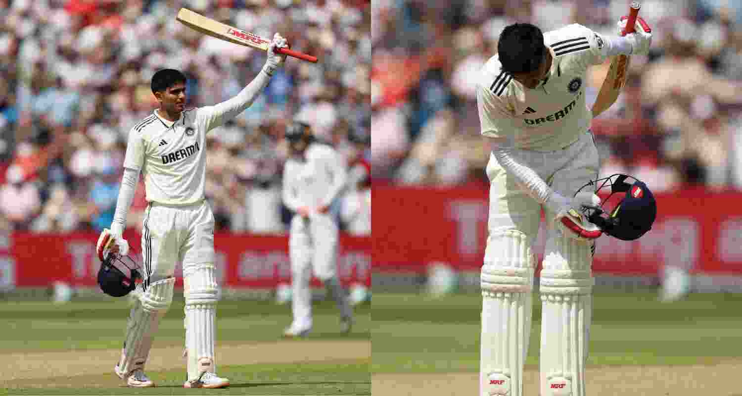 India captain Shubman Gill celebrates after reaching his double century.