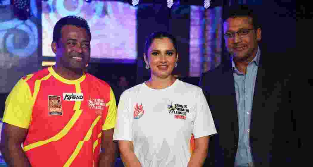 (L-R) Leander Paes, Sania Mirza and Mahesh Bhupati during the Tennis Premier League 2024 auction in Mumbai on September 25, 2024.