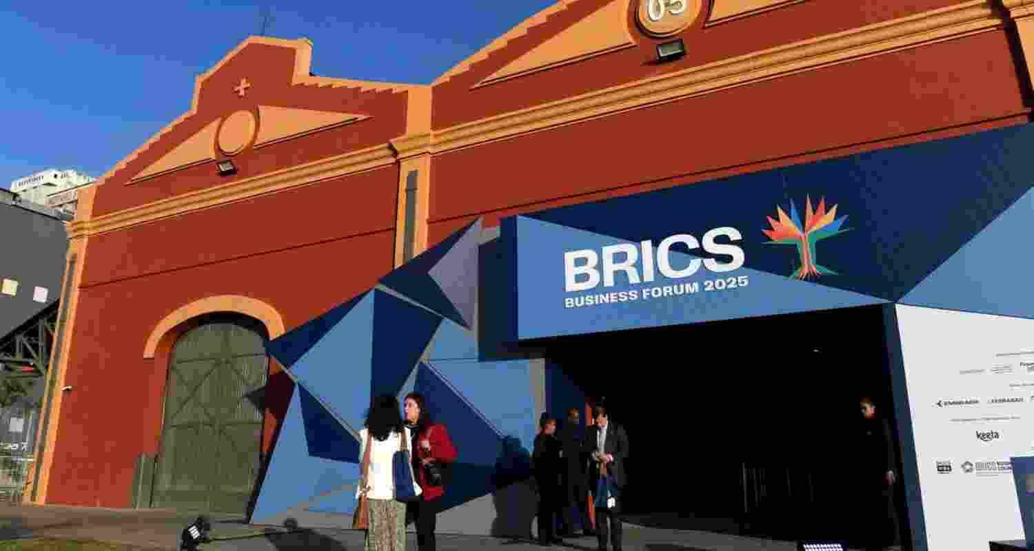 Attendees outside the BRICS Business Forum in Rio de Janeiro in Brazil