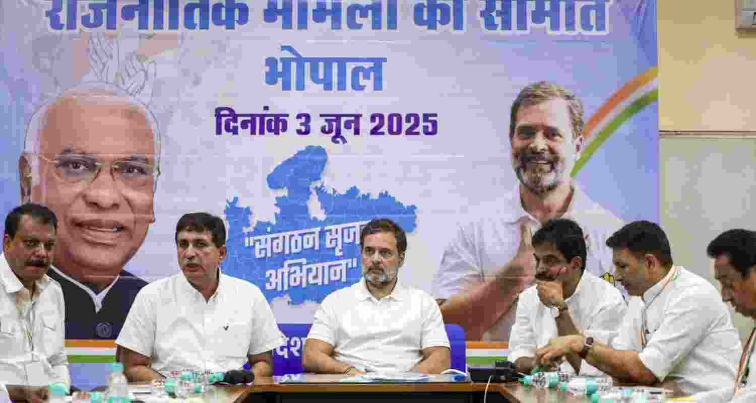 Congress MP and Leader of the Opposition Rahul Gandhi attends a Political Affairs Committee meeting at ‘Indira Bhawan’ in Bhopal