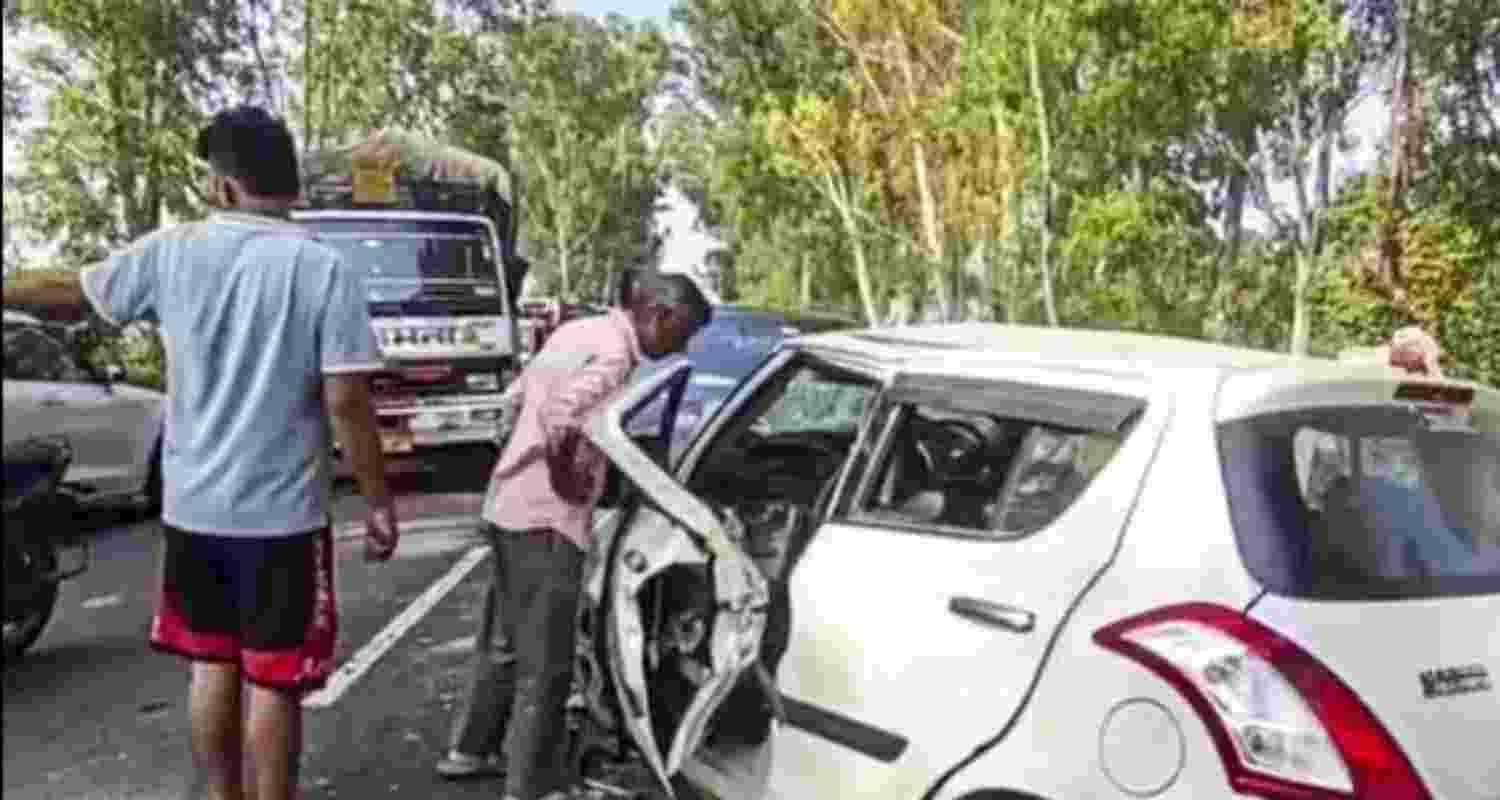 One of the cars involved in the accident near Ghararsi village on the Dhand-Kurukshetra road in Haryana on Monday.