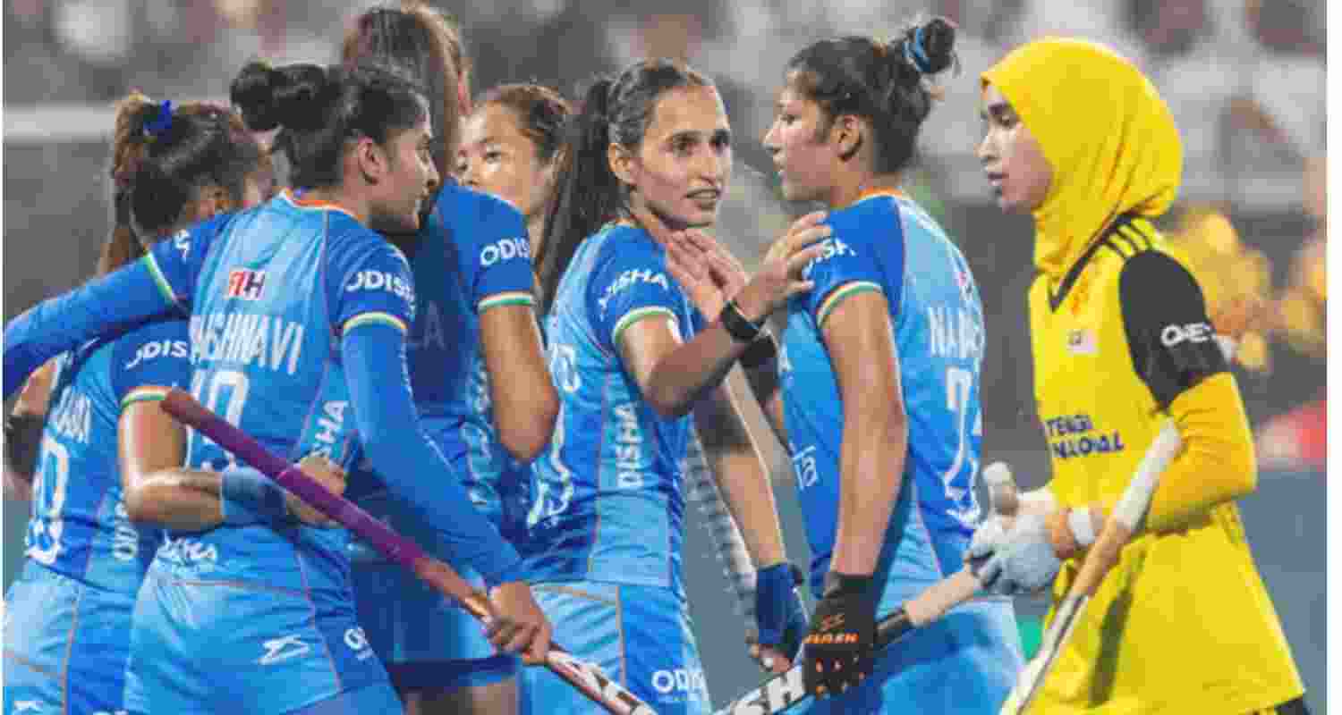  Indian team for Women's Asian Champions Trophy 2024 hockey match against Malaysia, at Rajgir, in Nalanda district, Bihar. Image: X. 