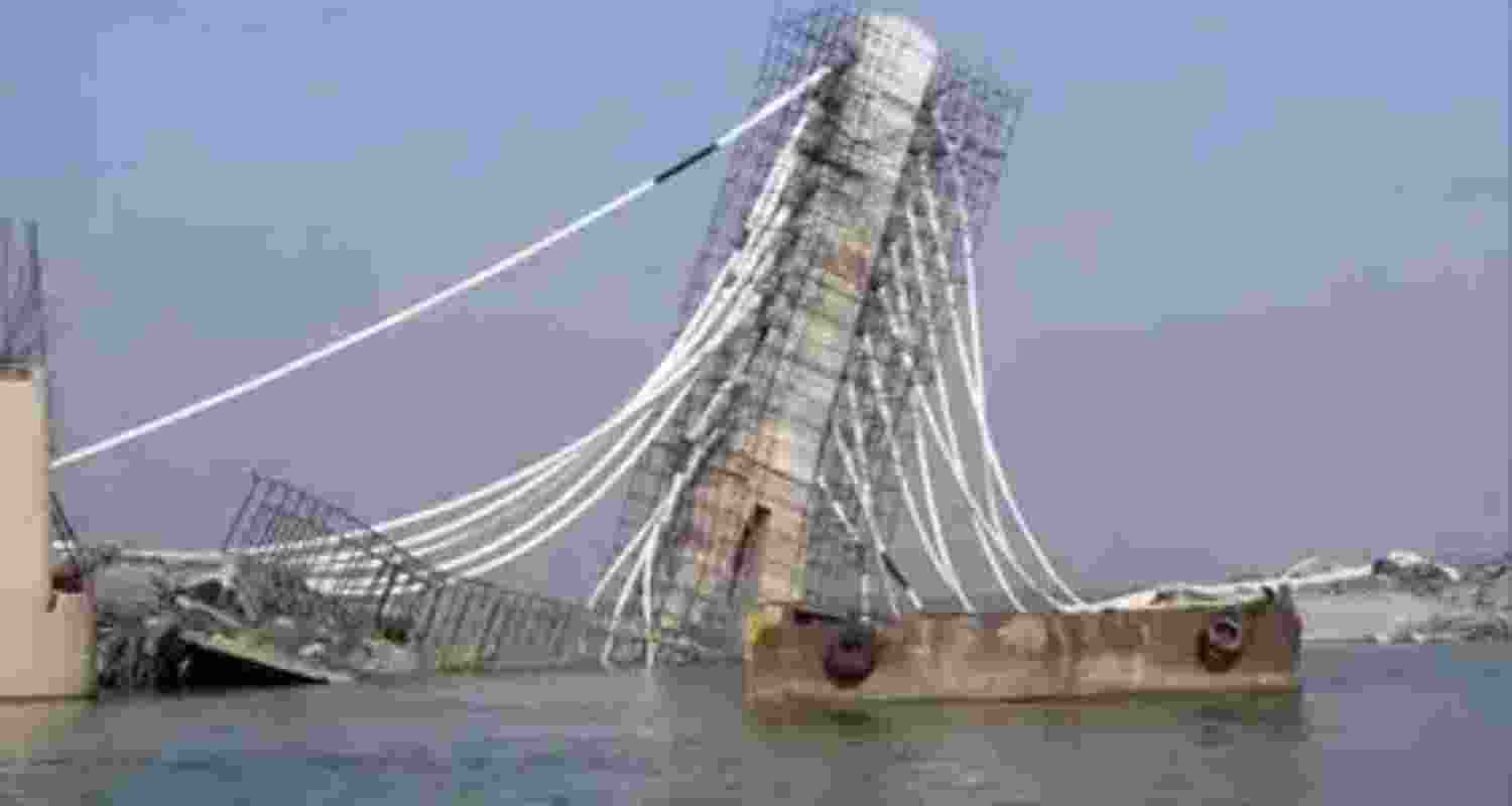 A portion of the under-construction Aguani Ghat-Sultanganj bridge on river Ganga in Bihar that collapsed in 2023