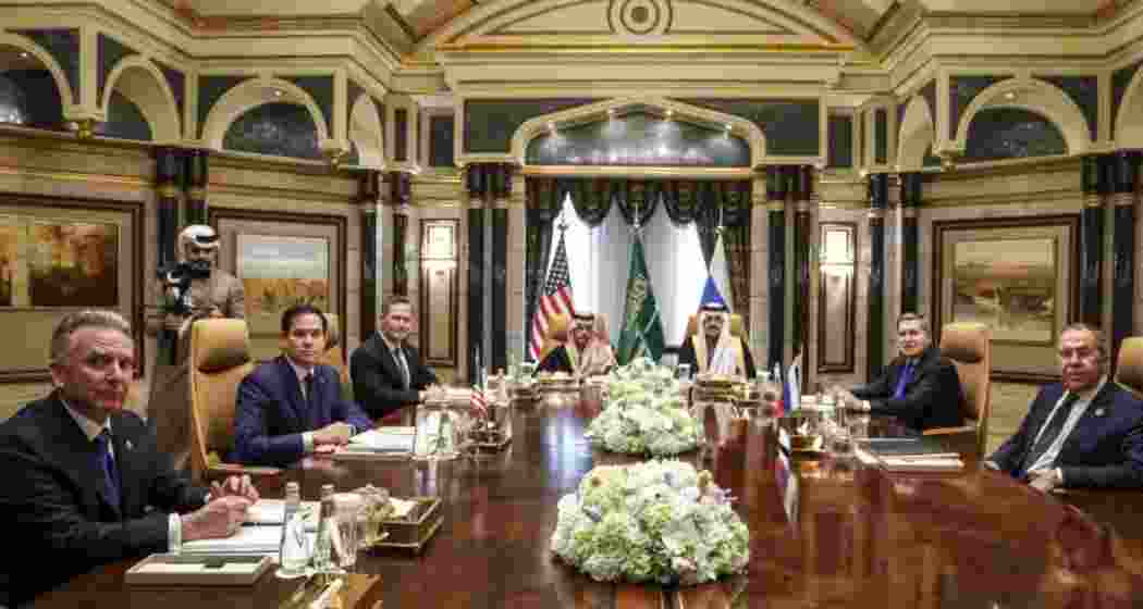 (L to R) US envoy Steve Witkoff, Secretary of State Marco Rubio, NSA Mike Waltz, Saudi Foreign Minister Prince Faisal bin Farhan al-Saud, Saudi NSA Mosaad bin Mohammad al-Aiban, Russian advisor Yuri Ushakov, and Foreign Minister Sergei Lavrov attend a high-level meeting at Diriyah Palace in Riyadh on February 18, 2025, aimed at easing US-Russia tensions.