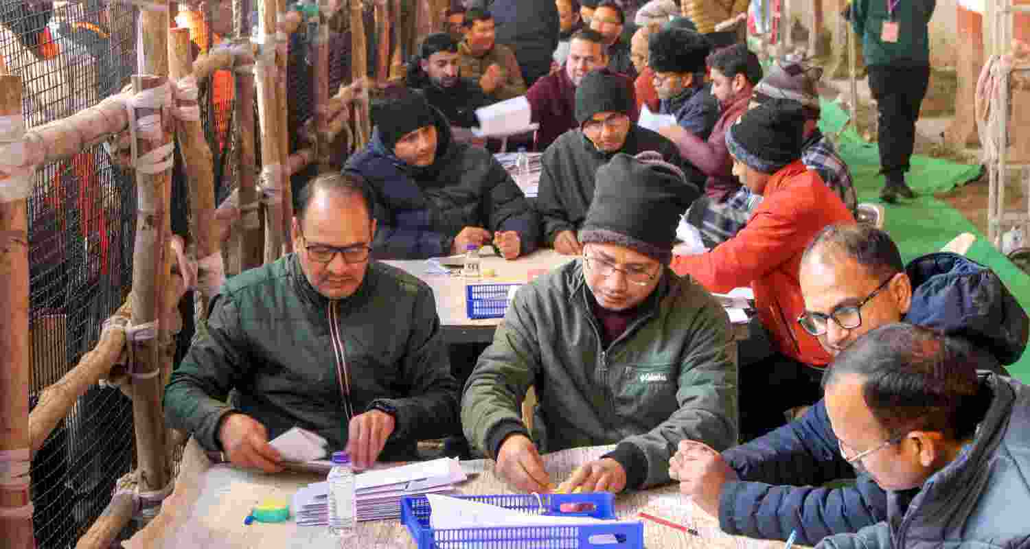 Votes being counted for the result of Uttarakhand local bodies election, in Dehradun, Saturday. 