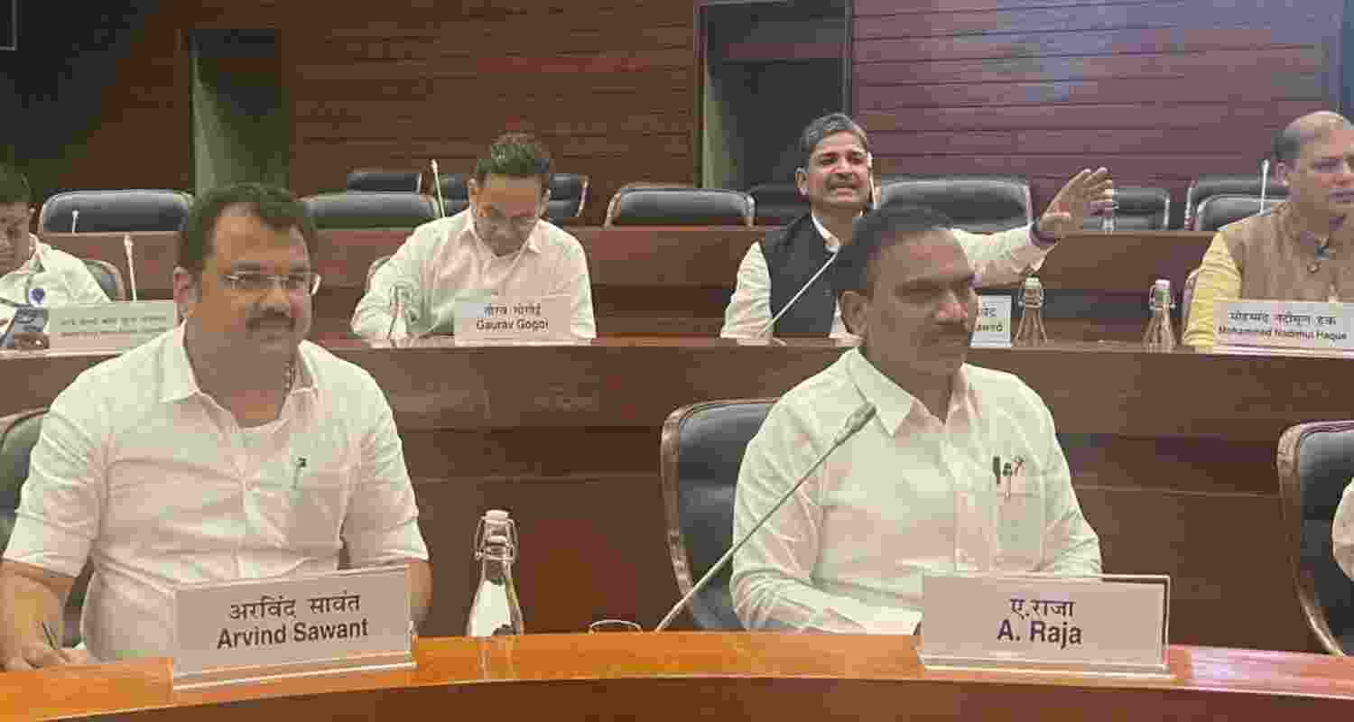 Members of the opposition at the Waqf panel meeting. Image shared by DMK MP A Raja on X.