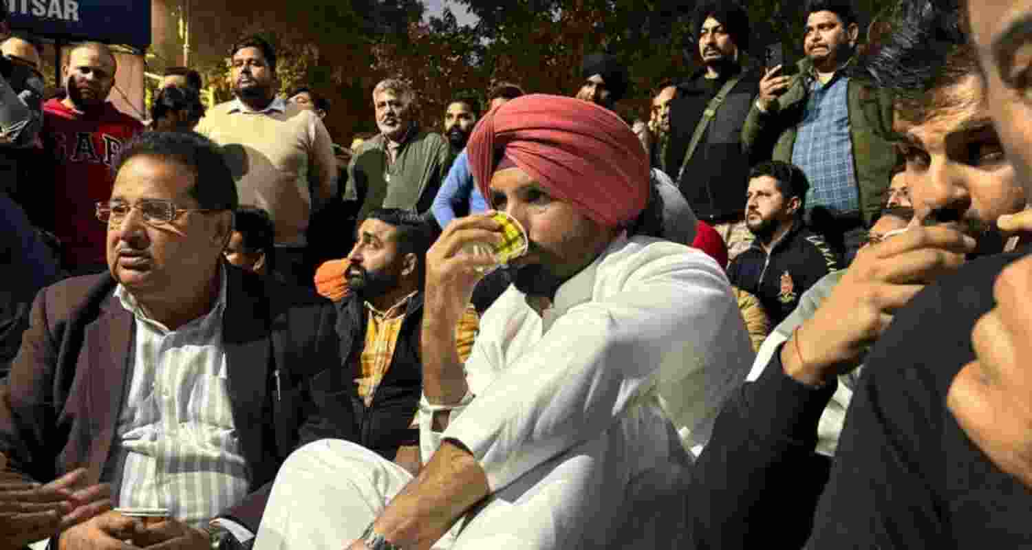 Punjab Congress president Amarinder Singh Raja Warring leads the protest in Amritsar.