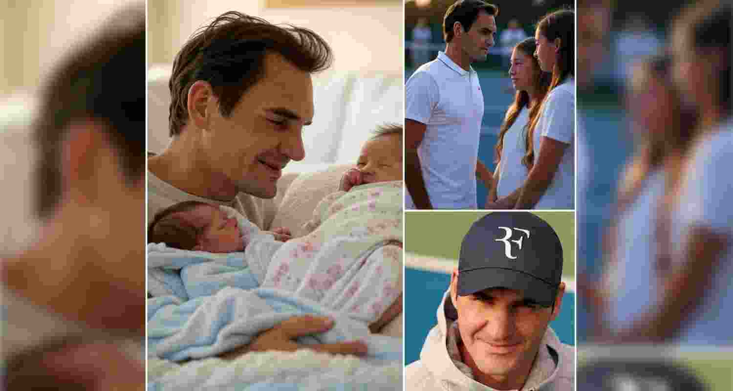 Roger Federer with the twins he had adopted in 2005 and (right) the tennis great catching up with them at Geneva 20 years later.