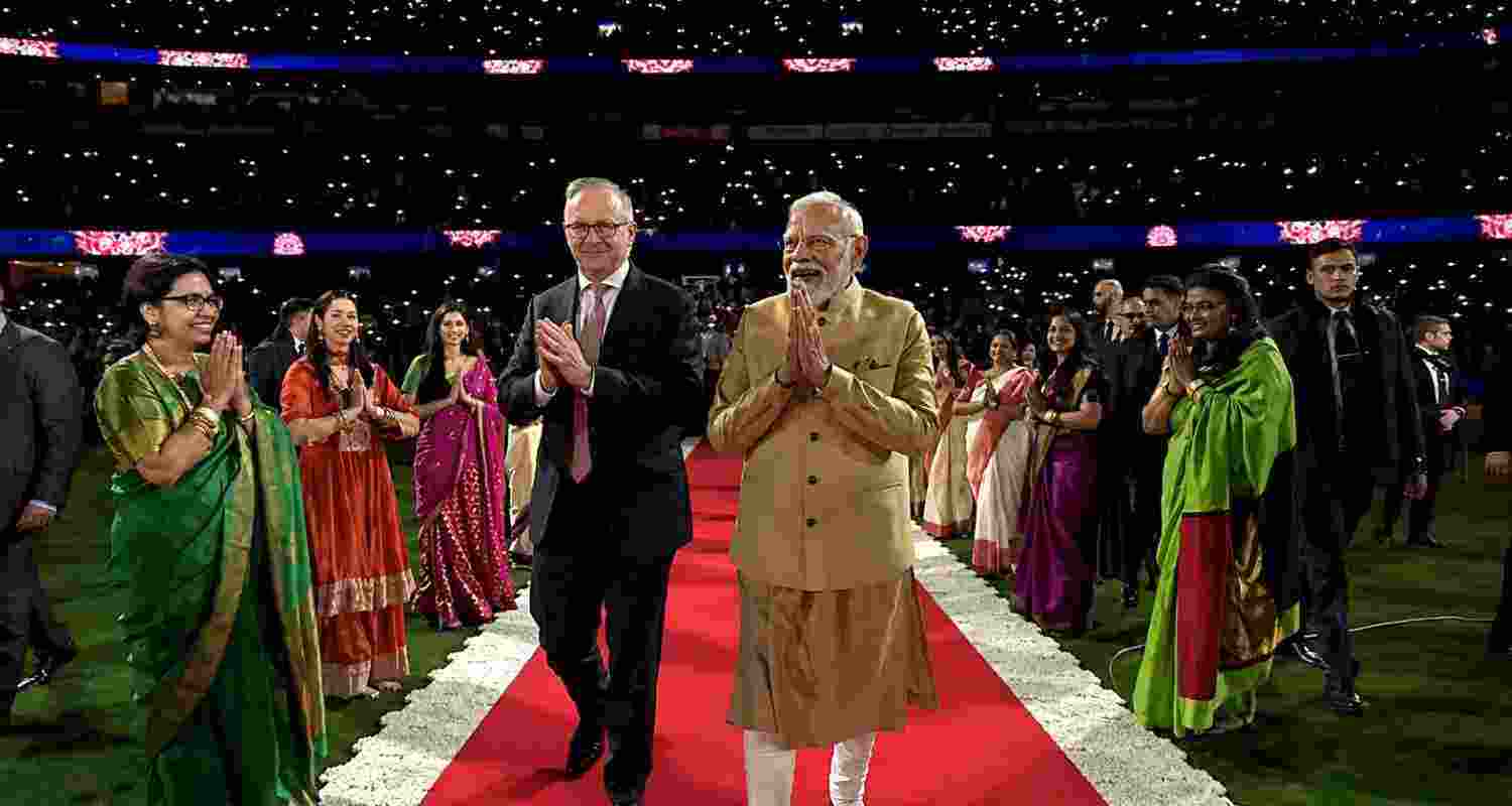 PM Modi, along with Australian PM Anthony Albanese, during their arrival at Marvel Stadium for the Indian community event. 
