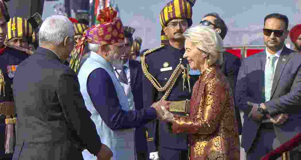 Prime Minister Narendra Modi receives European Commission President Ursula von der Leyen and President of the European Council Antonio Costa during the 77th Republic Parade, at Kartavya Path, in New Delhi.
