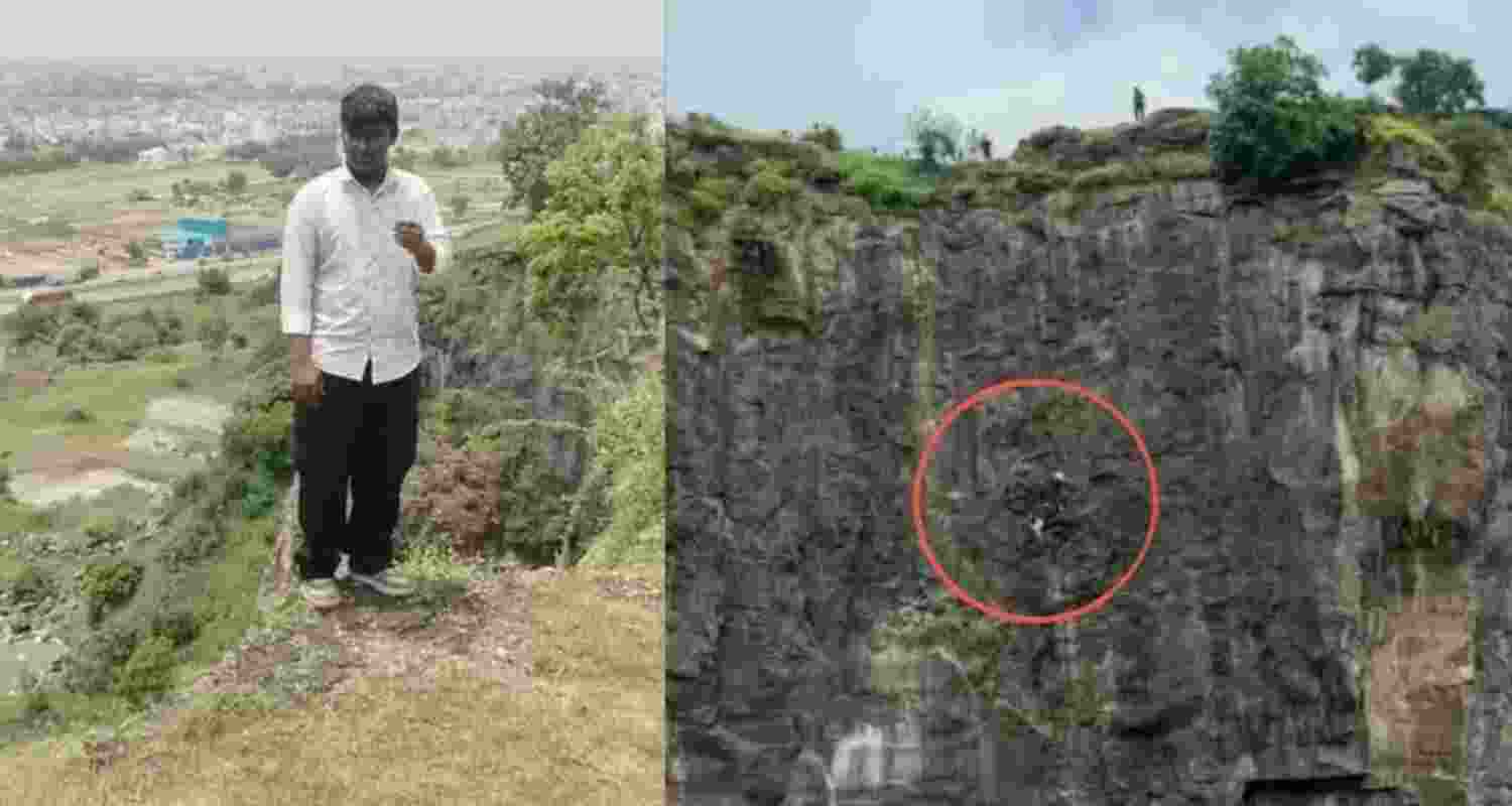Kunal standing on the edge of a cliff before (right) he leapt from the steep hill and his father also fell while trying to save him.