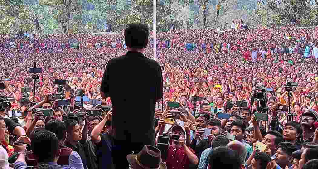 TIPRA Motha leader Pradyot Kishore Manikya Debbarma addresses supporters during a gathering in Tripura.