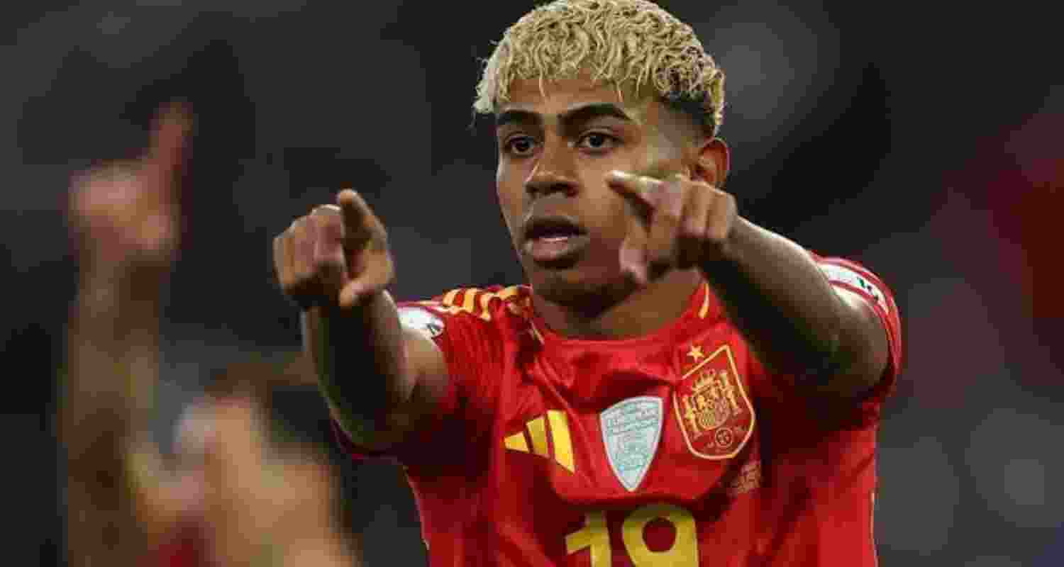 Spain forward Lamine Yamal reacts during the UEFA Nations League semifinal football match between Spain and France in Stuttgart, southwestern Germany.
