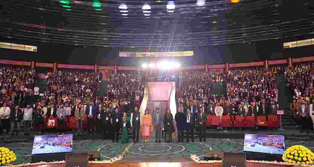 Union Sports Minister Mansukh Mandaviya inaugurates the National Youth Festival 2025 alongside dignitaries and over 3,000 young leaders at Bharat Mandapam, New Delhi, celebrating innovation and leadership.