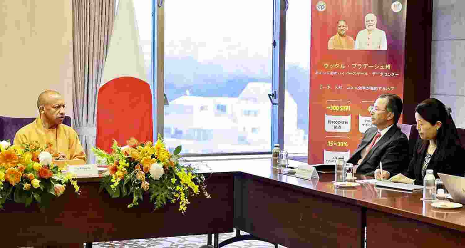 Uttar Pradesh Chief Minister Yogi Adityanath meets Ishiguro Norihiko, chairman and CEO of the Japan External Trade Organization (JETRO), during his visit to Japan, in Tokyo, Japan. The two discussed economic cooperation and investment opportunities in Uttar Pradesh, officials said.