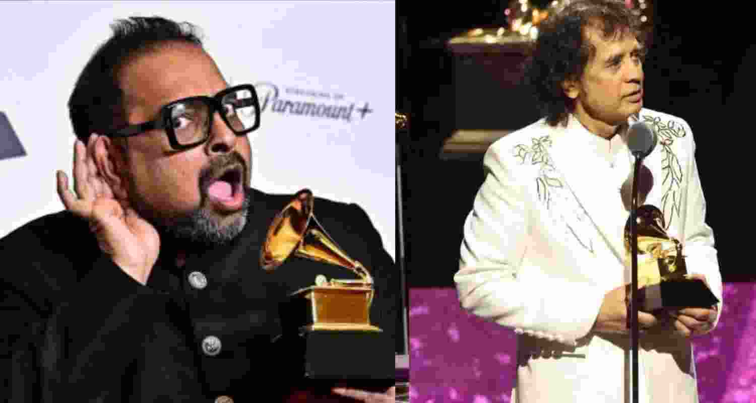 Shankar Mahadevan (left) and Zakir Hussain (right) at the Grammy awards event.