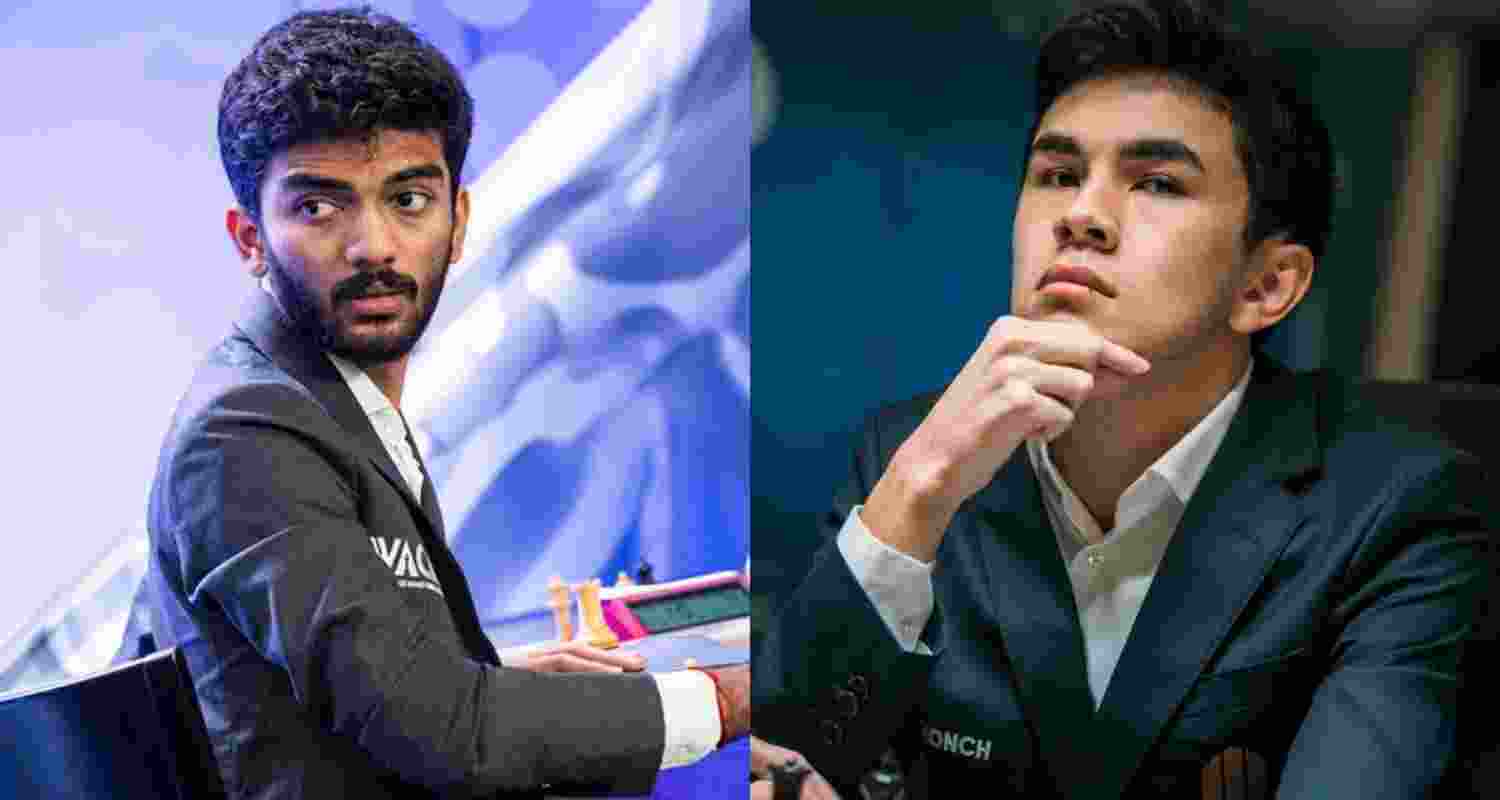 D Gukesh and (right) Javokhir Sindarov.