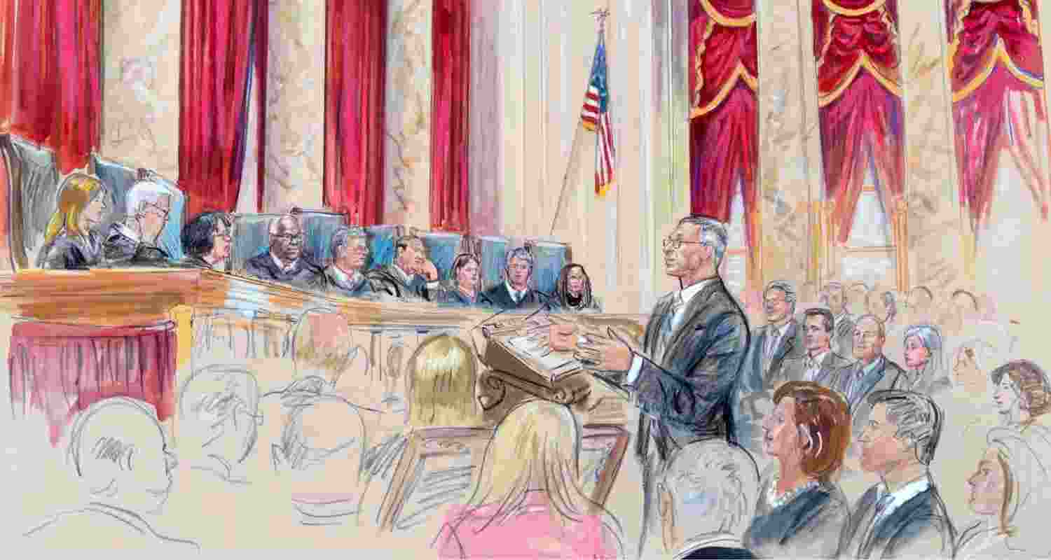 A courtroom sketch depicts attorney Neal Katyal, centre, arguing before the US Supreme Court on November 5. A courtroom sketch depicts attorney Neal Katyal, centre, arguing before the US Supreme Court on November 5.